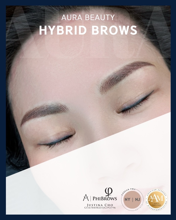 Aura Beauty hybrid brows: hair-stroke front blending into soft ombre shading, with PhiBrows certification.