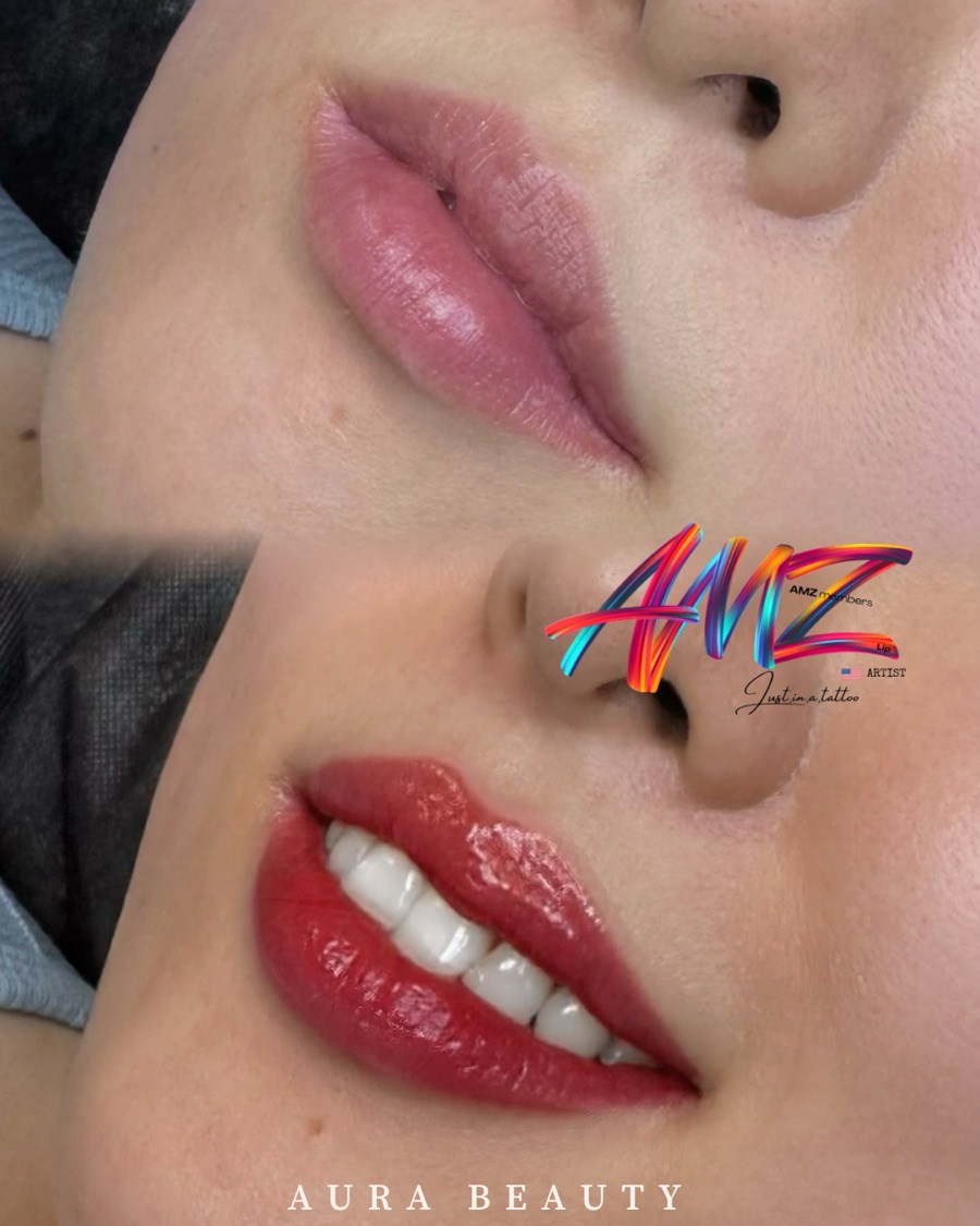 Lip blush before and after: pale natural before, deep coral with bright smile after.